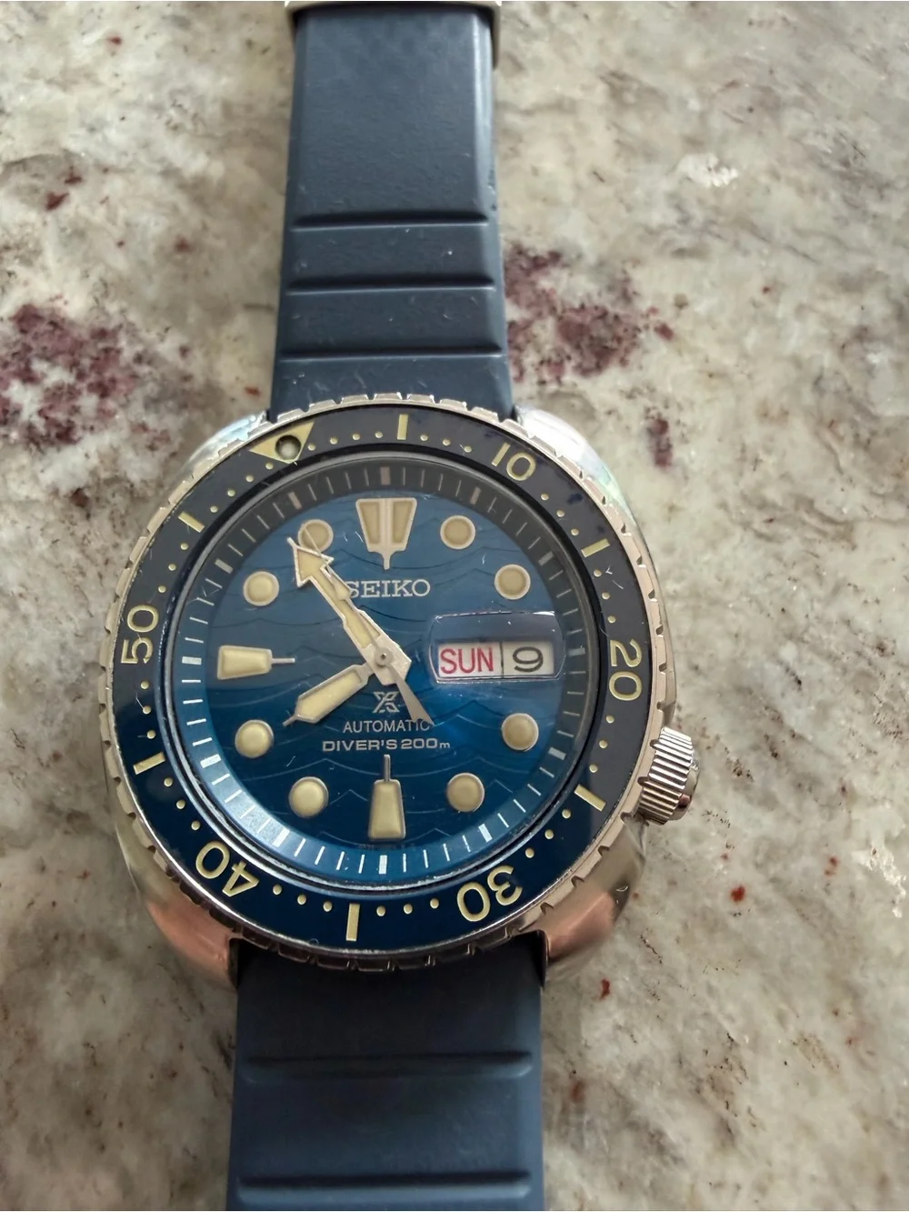 Seiko Blue Dial Automatic Diver Watch with Gold Accents